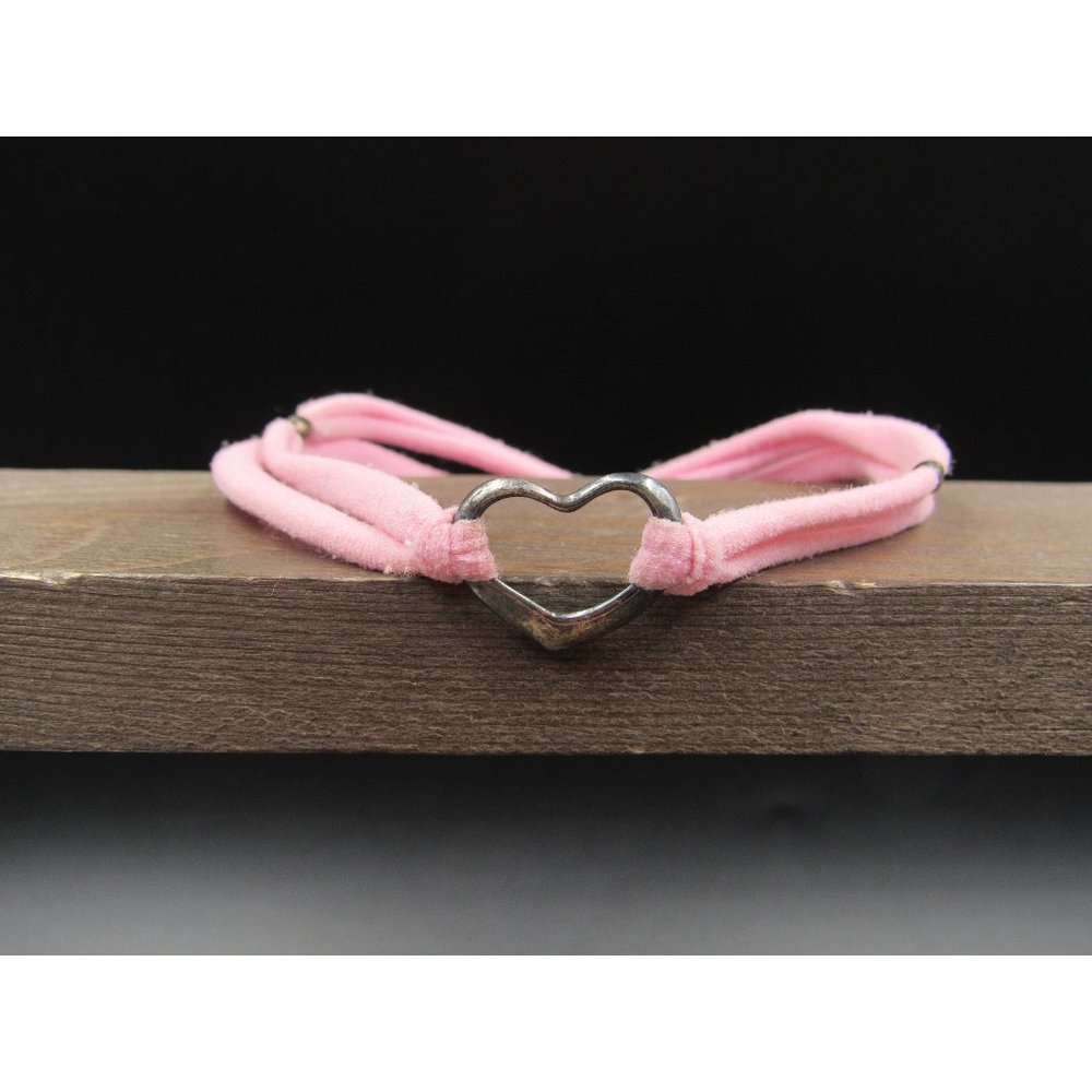 8 Inch Sterling Silver Pink Stretchy Cord Tarnished Heart Bracelet